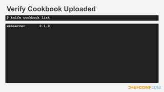Verify Cookbook Uploaded
webserver 0.1.0
$ knife cookbook list
 