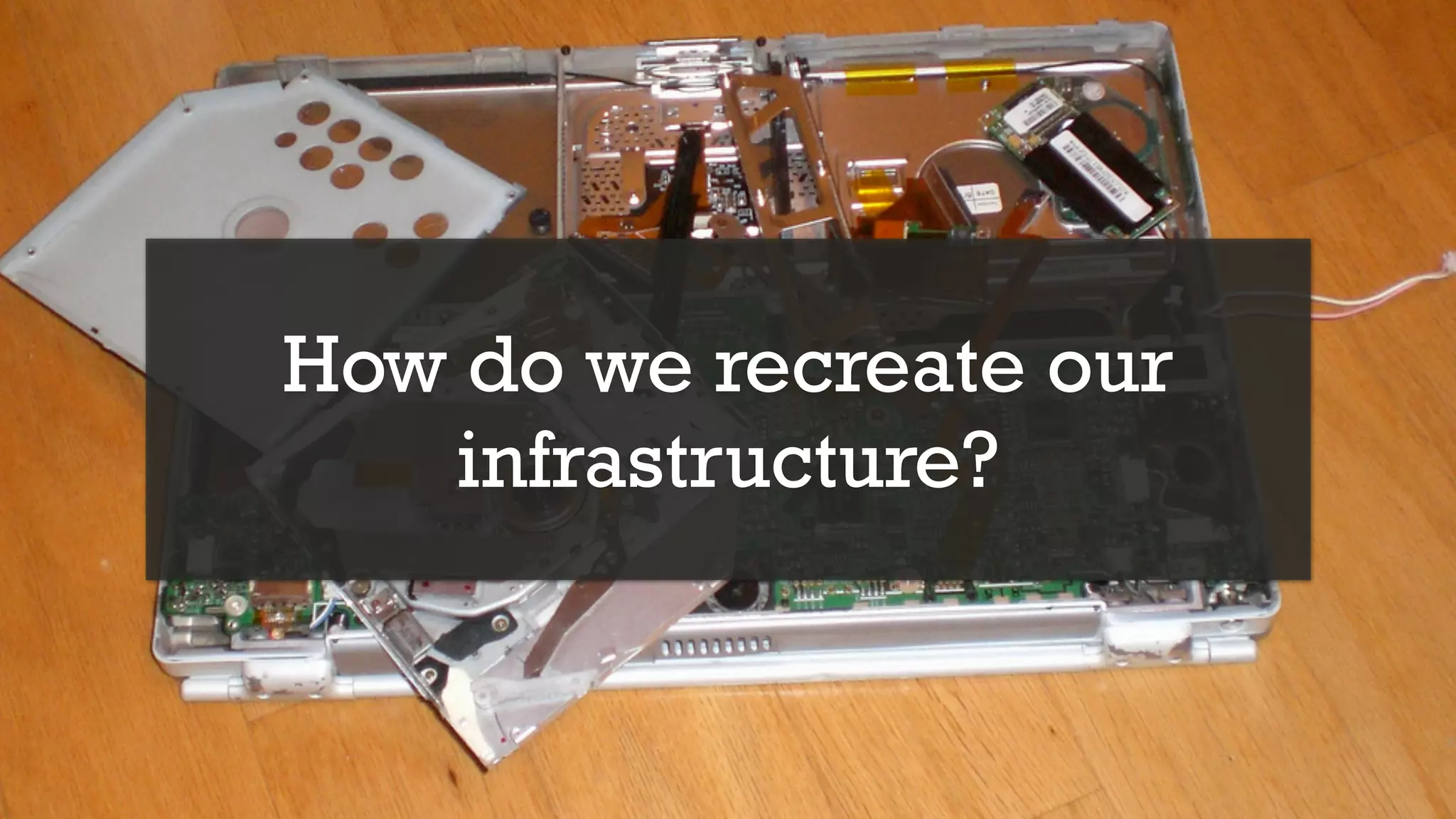 Break it Down




How do we recreate our
   infrastructure?


        http://www.ﬂickr.com/photos/mrchippy/443960682/
 