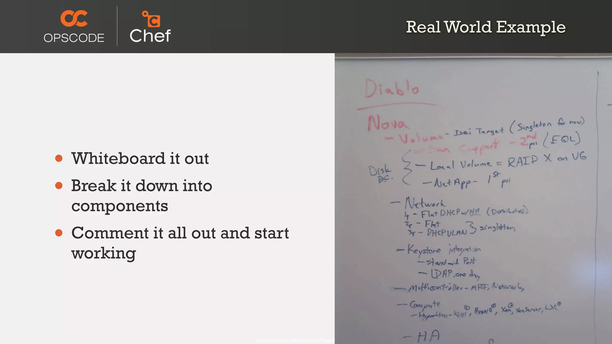 Real World Example




• Whiteboard it out
• Break it down into
  components
• Comment it all out and start
  working



                         http://www.ﬂickr.com/photos/mrchippy/443960682/
 