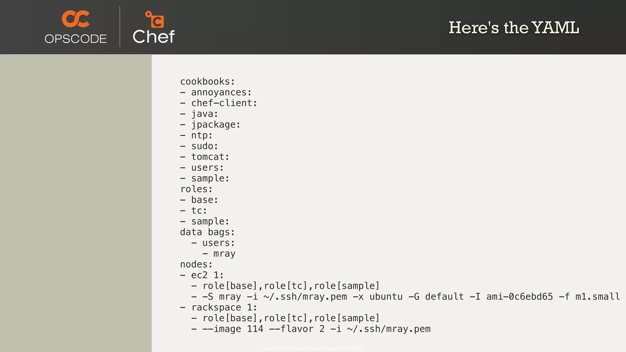 Here's the YAML

cookbooks:
- annoyances:
- chef-client:
- java:
- jpackage:
- ntp:
- sudo:
- tomcat:
- users:
- sample:
roles:
- base:
- tc:
- sample:
data bags:
  - users:
    - mray
nodes:
- ec2 1:
  - role[base],role[tc],role[sample]
  - -S mray -i ~/.ssh/mray.pem -x ubuntu -G default -I ami-0c6ebd65 -f m1.small
- rackspace 1:
  - role[base],role[tc],role[sample]
  - --image 114 --flavor 2 -i ~/.ssh/mray.pem
              http://www.ﬂickr.com/photos/mrchippy/443960682/
 