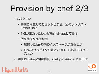 Provision by chef 2/3
• 2パターン
• 事前に用意してあるレシピから、別のランリスト
でchef-solo
• 1/3が出力したレシピをchef-applyで実行
• 依存関係が面倒な例
• 展開したtarの中にインストーラがあるとか
• Ohaiのプラグインを置いてリロード必須のリソー
スとか
• 最後にHistoryの掃除等、shell provisionerで仕上げ
11
 