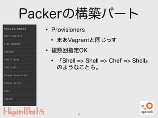 Packerの構築パート
• Provisioners
• まあVagrantと同じっす
• 複数回指定OK
• 『Shell => Shell => Chef => Shell』
のようなことも。
7
 