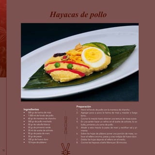 12
Ingredientes
•	 500 gr de harina de maíz
•	 1 000 ml de fondo de pollo
•	 60 gr de manteca de chancho
•	 300 gr de pollo mechado
•	 50 gr de cebolla blanca
•	 50 gr de pimiento verde
•	 30 ml de aceite de achiote
•	 90 gr de pasta de maní
•	 30 gr de pasas
•	 100 gr de huevo duro
•	 10 hojas de plátano
Hayacas de pollo
Preparación
1.	 Hervir el fondo de pollo con la manteca de chancho.
2.	 Agregar poco a poco la harina de maíz y mezclar a fuego
lento.
3.	 Cocinar la mezcla hasta obtener una textura de masa suave.
4.	 En una sartén hacer un refrito en el aceite de achiote, la ce-
bolla, pimiento y la carne de pollo.
5.	 Añadir a esta mezcla la pasta de maní y rectificar sal y pi-
mienta.
6.	 Sobre las hojas de plátano poner una porción de masa, co-
locar el relleno encima, pasas y unas rodajas de huevo duro
7.	 Doblar las hojas dejando el relleno en el medio.
8.	 Cocinar las hayacas a baño María por 30 minutos.
 