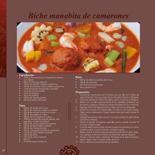 24
Sopa
•	 600 gr de verdes dominicos
•	 200 gr de maduros picados en cubitos
•	 250 gr de camote morado en cubos
•	 250 gr de zapallo en cubos
•	 500 gr de yuca picada en cubos
•	 1000 gr de pepinillo grande pelado, des-
pepado y cortado en rodajas
•	 250 gr de vainita costeña en taquitos
•	 250 gr de habichuelas costeñas
•	 400 gr de choclos enteros
•	 100 gr achogchas picadas en cuadrados
•	 125 gr de maní tostado y pelado
•	 125 ml de leche
•	 125 ml de crema de leche
•	 Sal c/n
•	 Pimienta negra molida c/n
Biche manabita de camarones
Ingredientes
•	 1000 gr de camarones (o langostinos) frescos
con cabeza
•	 60 gr de hiervas y especias
•	 100 gr de cebollín costeño picado fino
•	 100 gr de pimiento verde costeño picado fino
•	 4 dientes de ajo machacados y picados
•	 15 gr de comino molido
•	 15 gr de orégano
•	 30 gr de culantro
•	 100 gr de cebolla paiteña
•	 50 ml de aceite achiotado
Bolas
•	 600 gr de plátanos verdes dominicos
•	 200 gr de sal prieta
•	 20 ml de aceite achiotado
•	 Sal y pimienta c/n
Preparación
1.	 Cocinar los camarones por 3 minutos en una olla con 5 litros de
agua hirviendo, hiervas y especias sin sal, pelar, limpiar y refrigerar.
2.	 Licuar las cabezas en 2 litros de caldo y cernir, conservar y refrigerar.
3.	 Refrito: en una olla mediana sofreír el ajo, cebollas, pimientos con
el comino, orégano y cilantro en aceite achiotado por 6 a 7 minutos.
4.	 Agregar 4 litros de agua al refrito y dejar que hierva destapada.
5.	 Añadir los choclos, las habichuelas, el maduro y el verde picado.
Dejar cocinar destapado a fuego medio hasta que estén suaves 15
minutos.
6.	 Agregar las vainitas, dejar cocinar 5 minutos y añadir el caldo de los
camarones (2 litros).
7.	 Añadir el zapallo, achogchas, pepinillo, yuca y camote. Cocinar 10
minutos a fuego medio.
8.	 Cuando estén suaves añadir el maní licuado con la leche y la crema,
revolver y dejar cocer 5 minutos y corregir la sazón.
9.	 Bolas: cocinar el verde hasta que esté suave (25-30 minutos), aplas-
tar y agregar aceite con achiote y la sal prieta, sazonar al gusto.
10.	 Amasar y formar bolas medianas. Ponerlas en la sopa hirviendo,
tapar y dejar cocer 5 minutos antes de servir.
11.	 Servir caliente acompañada de ají manabita.
 