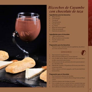 27
Ingredientes para los bizcochos
•	 500 gr de harina
•	 175 ml de agua
•	 12 gr de sal
•	 15 gr de levadura
•	 15 gr de azúcar
•	 2 u. huevos
•	 200 gr de manteca vegetal
•	 100 gr de mantequilla
•	 Opcional: anís español c/n
Ingredientes para el chocolate
•	 1 000 ml de leche fresca
•	 300 gr de cobertura de chocolate
•	 10 gr de canela en rama
•	 2 gr de sal
Preparación para los bizcochos
1.	 Preparar la masa, mezclando todos los ingredientes, de preferen-
cia a mano durante 5 minutos.
Bizcochos de Cayambe
con chocolate de taza
2.	 Dejar reposar la masa 20 minutos.
3.	 Pesar porciones de 500 gramos y formar bastones.
4.	 Con el rodillo laminar desde la mitad de la masa hacia fuera y
enrollar nuevamente hasta el centro.
5.	 Cortar porciones de dos centímetros de ancho aproximadamen-
te y colocarlas en lata.
6.	 Dejar leudar y hornear a 170 grados por 20 minutos, sacar del hor-
no para que enfríen.
7.	 Volver a colocar en el horno apagado y casi frío para deshidratar
los bizcochitos.
Preparación para el chocolate
1.	 Picar finamente la cobertura de chocolate.
2.	 Colocarlalecheenunrecipienteyllevaralfuegohastaquellegue
a hervir.
3.	 Colocar la cobertura de chocolate y la canela.
4.	 Con un batidor de mano mezclar de forma constante hasta que
el chocolate se disuelva completamente y vuelva a hervir la leche.
5.	 Servir caliente con los bizcochitos de Cayambe y queso de hoja.
 