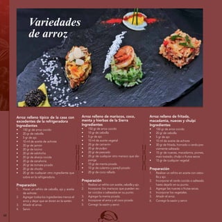64
Arroz relleno típico de la casa con
excedentes de la refrigeradora
Ingredientes
•	 150 gr de arroz cocido
•	 20 gr de cebolla
•	 5 gr de ajo
•	 10 ml de aceite de achiote
•	 20 gr de jamón
•	 20 gr de tocino
•	 20 gr de salchicha
•	 20 gr de alverja cocida
•	 20 gr de zanahoria
•	 20 gr de tomate picado
•	 20 gr de choclo
•	 20 gr de cualquier otro ingrediente que
sobre en la refrigeradora.
Preparación
1.	 Hacer un refrito de cebolla, ajo y aceite
de achiote.
2.	 Agregar todos los ingredientes menos el
arroz y dejar que se doren en la sartén.
3.	 Añadir el arroz.
4.	 Servir.
Variedades
de arroz
Arroz relleno de mariscos, coco,
menta y hierbas de la Sierra
Ingredientes
•	 150 gr de arroz cocido
•	 10 gr de cebolla
•	 5 gr de ajo
•	 10 ml de aceite vegetal
•	 20 gr de camarón
•	 20 gr de pulpo
•	 20 gr de pescado
•	 20 gr de cualquier otro marisco que dis-
ponga
•	 10 gr de menta picada
•	 10 gr de culantro y perejil picado
•	 20 gr de coco rallado
Preparación
1.	 Realizar un refrito con aceite, cebolla y ajo.
2.	 Incorporar los mariscos que pueden es-
tar cocidos o salteados en su punto.
3.	 Agregar la menta picada.
4.	 Incorporar el arroz y el coco picado.
5.	 Corregir la sazón y servir.
Arroz relleno de fritada,
macadamia, nueces y chulpi
Ingredientes
•	 150 gr de arroz cocido
•	 20 gr de cebolla
•	 5 gr de ajo
•	 10 ml de aceite de achiote
•	 30 gr de fritada, hornado o cerdo pre-
viamente salteado
•	 15 gr de nueces, macadamia, piones,
maíz tostado, chulpi o frutos secos
•	 15 gr de cualquier vegetal
Preparación
1.	 Realizar un refrito en aceite con cebo-
lla y ajo.
2.	 Incorporar el cerdo cocido o salteado
hasta dejarlo en su punto.
3.	 Agregar las nueces o frutas secas.
4.	 Incorporar los vegetales.
5.	 Añadir el arroz.
6.	 Corregir la sazón y servir.
 