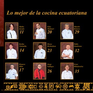 92
Lo mejor de la cocina ecuatoriana
Matha
Jurado
Gino
Molinari
Manolo
Romero
Bertha
Vintimilla
Henry
Richardson
Pablo
Zambrano
Homero
Miño
Jorge
Gallegos
Irene
Ribadeneira
11 20 29
14 23 32
17 26 35
 