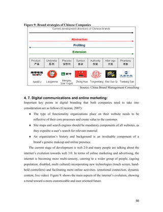 56
Figure 9: Brand strategies of Chinese Companies
Source: China Brand Management Consulting
4. 7. Digital communications and online marketing:
Important key points in digital branding that both companies need to take into
consideration are as follows (Cocoran, 2007):
 The type of functionality organizations place on their website needs to be
reflective of their core processes and create value to the customer.
 Site maps and search engines should be mandatory components of all websites, as
they expedite a user’s search for relevant material.
 An organization’s history and background is an invaluable component of a
brand’s genetic makeup and online presence.
The current stage of development is web 2.0 and many people are talking about the
internet’s evolution towards web 3.0. In terms of online marketing and advertising, the
internet is becoming more multi-sensory, catering to a wider group of people, (ageing
population, disabled, multi cultural) incorporating new technologies (touch screen, hand-
held controllers) and facilitating more online activities. (emotional connection, dynamic
content, live video) Figure 9. shows the main aspects of the internet’s evolution, showing
a trend toward a more customizable and user oriented future.
 
