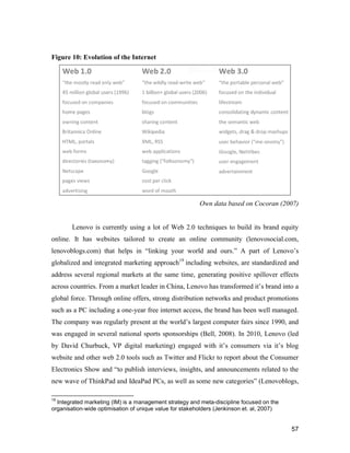 57
Figure 10: Evolution of the Internet
Own data based on Cocoran (2007)
Lenovo is currently using a lot of Web 2.0 techniques to build its brand equity
online. It has websites tailored to create an online community (lenovosocial.com,
lenovoblogs.com) that helps in “linking your world and ours.” A part of Lenovo’s
globalized and integrated marketing approach19
including websites, are standardized and
address several regional markets at the same time, generating positive spillover effects
across countries. From a market leader in China, Lenovo has transformed it’s brand into a
global force. Through online offers, strong distribution networks and product promotions
such as a PC including a one-year free internet access, the brand has been well managed.
The company was regularly present at the world’s largest computer fairs since 1990, and
was engaged in several national sports sponsorships (Bell, 2008). In 2010, Lenovo (led
by David Churbuck, VP digital marketing) engaged with it’s consumers via it’s blog
website and other web 2.0 tools such as Twitter and Flickr to report about the Consumer
Electronics Show and “to publish interviews, insights, and announcements related to the
new wave of ThinkPad and IdeaPad PCs, as well as some new categories” (Lenovoblogs,
19
Integrated marketing (IM) is a management strategy and meta-discipline focused on the
organisation-wide optimisation of unique value for stakeholders (Jenkinson et. al, 2007)
 