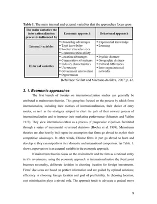 9
Table 1. The main internal and external variables that the approaches focus upon
Reference: Seifart and Machado-da-Silva, 2007, p. 42.
2. 1. Economic approaches
The first branch of theories on internationalization studies can generally be
attributed as mainstream theories. This group has focused on the process by which firms
internationalize, including their motives of internationalization, their choice of entry
modes, as well as the strategies adopted to chart the path of their onward process of
internationalization and to improve their marketing performance (Johanson and Vahlne
1977). They view internationalization as a process of progressive expansion facilitated
through a series of incremental structured decisions (Hooley et al. 1998). Mainstream
theories are also heavily built upon the assumption that firms go abroad to exploit their
competitive advantages. In other words, Chinese firms in part go abroad to learn and
develop so they can outperform their domestic and international competitors. As Table. 1.
shows, opportunism is an external variable in the economic approach.
If mainstream theories focus on the environment and the firm as a rational entity
in it’s investments, using the economic approach to internationalization the focal point
becomes rationality, deliberate decision in choosing location for foreign investments.
Firms’ decisions are based on perfect information and are guided by optimal solutions;
efficiency in choosing foreign location and goal of profitability. In choosing location,
cost minimization plays a pivotal role. The approach tends to advocate a gradual move
 