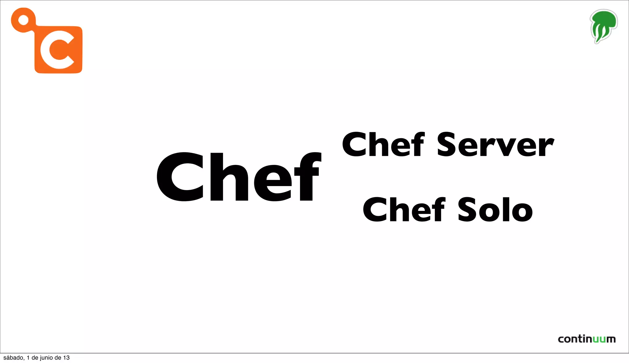 Chef
Chef Server
Chef Solo
sábado, 1 de junio de 13
 