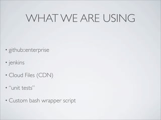 WHAT WE ARE USING
• github::enterprise
• jenkins
• Cloud Files (CDN)
• “unit tests”
• Custom bash wrapper script
 