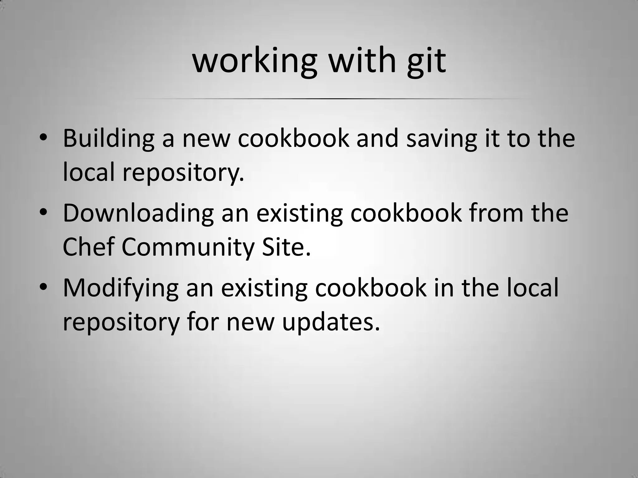 repo treeconfig/ - Contains the Rake configuration file, rake.rb.cookbooks/ - Cookbooks you download or create.data_bags/ - Store data bags and items in .json in the repository.roles/ - Store roles in .rb or .json in the repository.certificates/ - SSL certificates generated by rake ssl_cert live here.