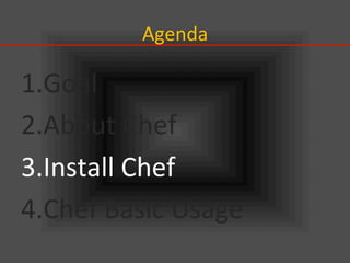Agenda	
1. Goal	
  
2. About	
  Chef	
  
3. Install	
  Chef	
  
4. Chef	
  Basic	
  Usage	
 