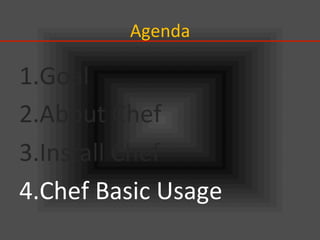 Agenda	
1. Goal	
  
2. About	
  Chef	
  
3. Install	
  Chef	
  
4. Chef	
  Basic	
  Usage	
 