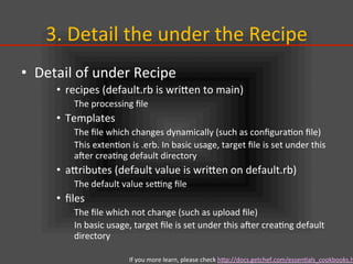 3.	
  Detail	
  the	
  under	
  the	
  Recipe	
•  Detail	
  of	
  under	
  Recipe	
  
•  recipes	
  (default.rb	
  is	
  wriIen	
  to	
  main)	
  
The	
  processing	
  ﬁle	
  
•  Templates	
  
The	
  ﬁle	
  which	
  changes	
  dynamically	
  (such	
  as	
  conﬁgura.on	
  ﬁle)	
  
This	
  exten.on	
  is	
  .erb.	
  In	
  basic	
  usage,	
  target	
  ﬁle	
  is	
  set	
  under	
  this	
  
ajer	
  crea.ng	
  default	
  directory	
  
•  aIributes	
  (default	
  value	
  is	
  wriIen	
  on	
  default.rb)	
  
The	
  default	
  value	
  selng	
  ﬁle	
  
•  ﬁles	
  
The	
  ﬁle	
  which	
  not	
  change	
  (such	
  as	
  upload	
  ﬁle)	
  
In	
  basic	
  usage,	
  target	
  ﬁle	
  is	
  set	
  under	
  this	
  ajer	
  crea.ng	
  default	
  
directory	
  
If	
  you	
  more	
  learn,	
  please	
  check	
  hIp://docs.getchef.com/essen.als_cookbooks.h
 