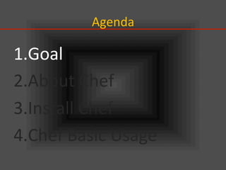 Agenda	
1. Goal	
  
2. About	
  Chef	
  
3. Install	
  Chef	
  
4. Chef	
  Basic	
  Usage	
 