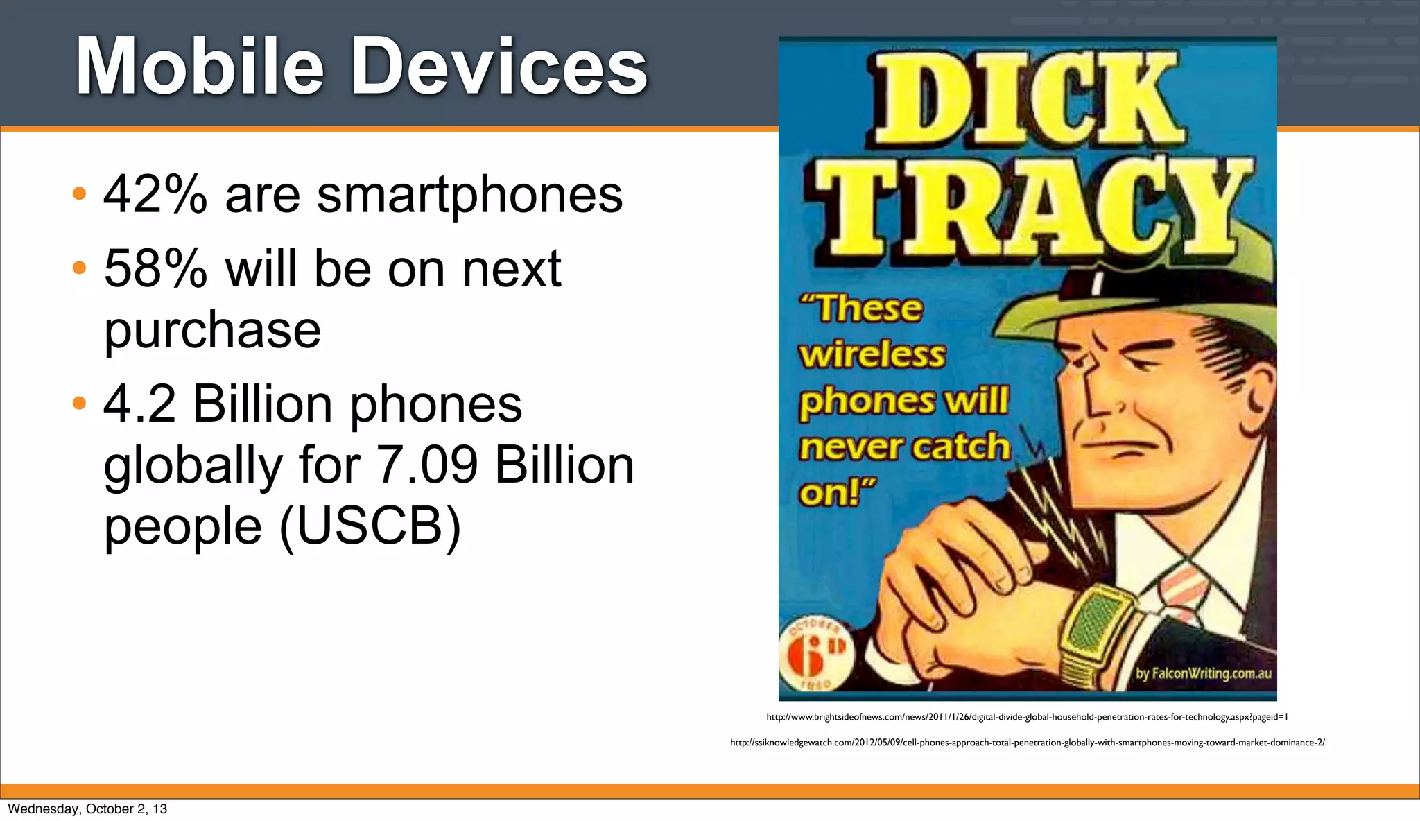 Mobile Devices
• 42% are smartphones
• 58% will be on next
purchase
• 4.2 Billion phones
globally for 7.09 Billion
people (USCB)
http://ssiknowledgewatch.com/2012/05/09/cell-phones-approach-total-penetration-globally-with-smartphones-moving-toward-market-dominance-2/
http://www.brightsideofnews.com/news/2011/1/26/digital-divide-global-household-penetration-rates-for-technology.aspx?pageid=1
Wednesday, October 2, 13
 