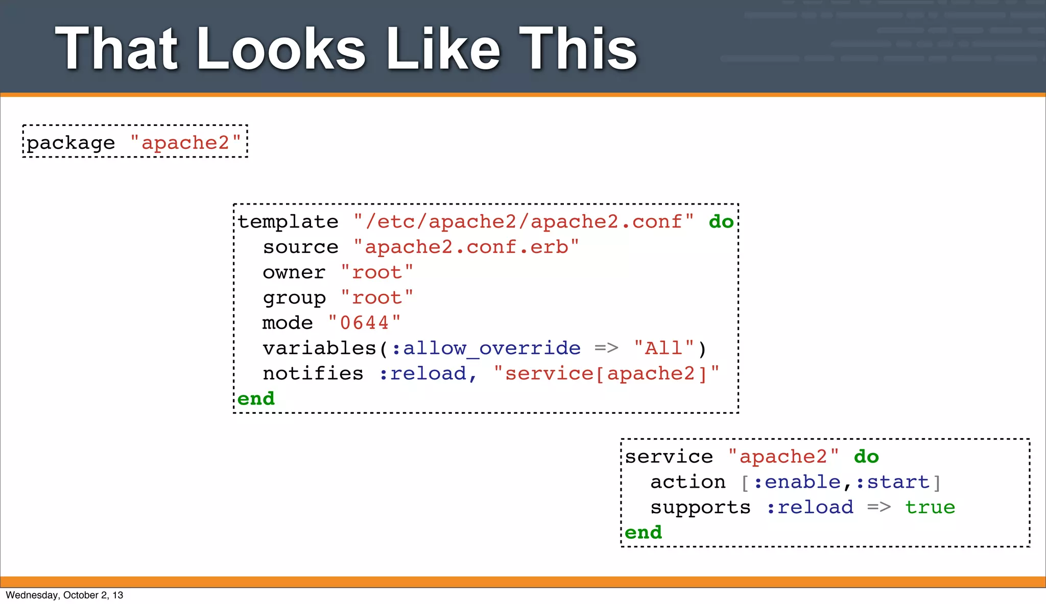 That Looks Like This
package "apache2"
template "/etc/apache2/apache2.conf" do
source "apache2.conf.erb"
owner "root"
group "root"
mode "0644"
variables(:allow_override => "All")
notifies :reload, "service[apache2]"
end
service "apache2" do
action [:enable,:start]
supports :reload => true
end
Wednesday, October 2, 13
 