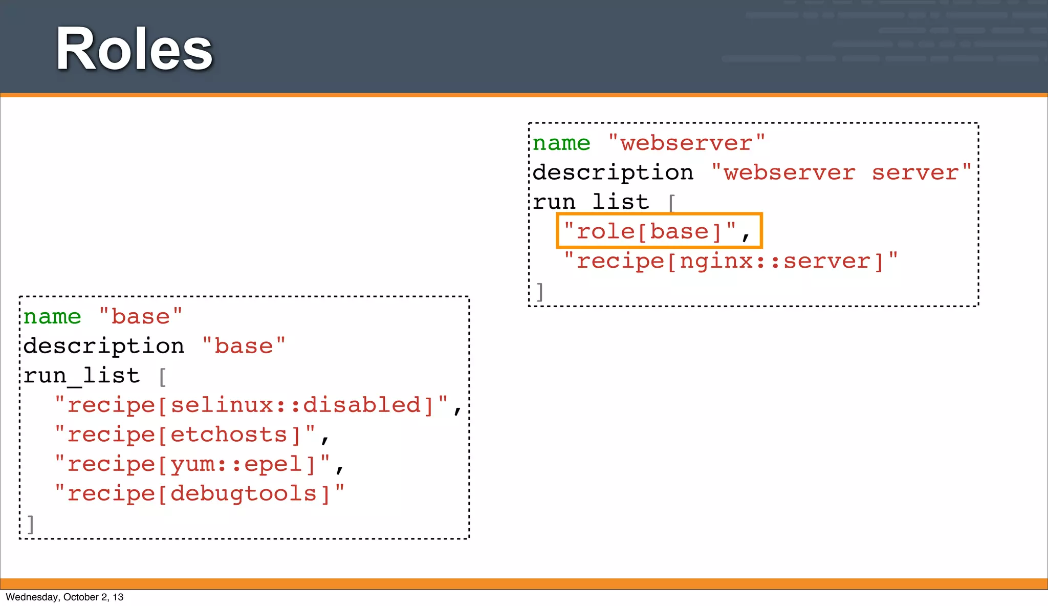 Roles
name "base"
description "base"
run_list [
"recipe[selinux::disabled]",
"recipe[etchosts]",
"recipe[yum::epel]",
"recipe[debugtools]"
]
name "webserver"
description "webserver server"
run_list [
"role[base]",
"recipe[nginx::server]"
]
Wednesday, October 2, 13
 