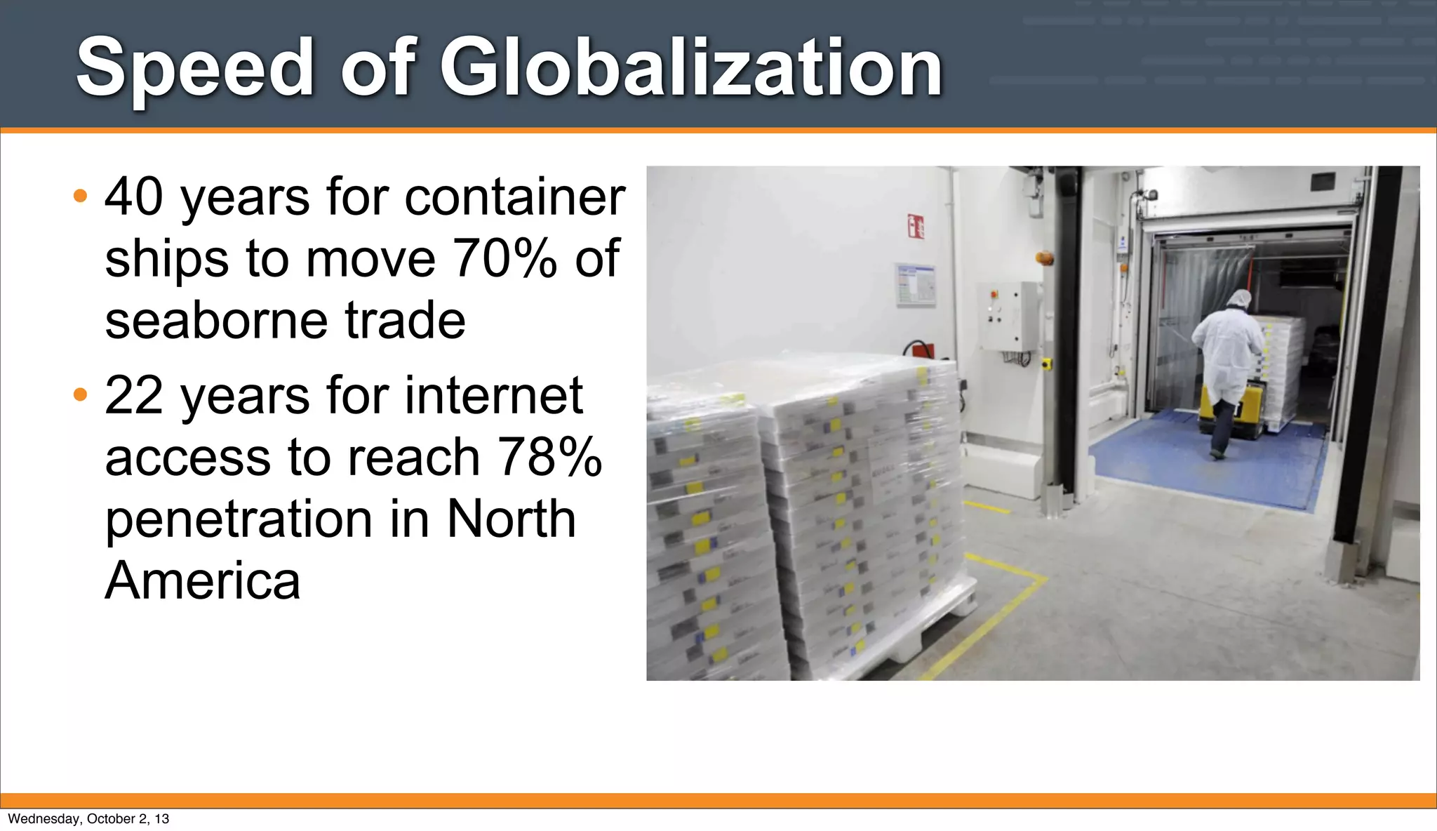 Speed of Globalization
• 40 years for container
ships to move 70% of
seaborne trade
• 22 years for internet
access to reach 78%
penetration in North
America
Wednesday, October 2, 13
 