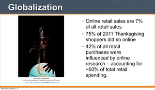 Globalization
• Online retail sales are 7%
of all retail sales
• 75% of 2011 Thanksgiving
shoppers did so online
• 42% of all retail
purchases were
influenced by online
research – accounting for
~50% of total retail
spending.WTO Trends in Globalization
http://www.wto.org/english/res_e/booksp_e/anrep_e/wtr08-2b_e.pdf
http://www.ﬂickr.com/photos/duke_raoul/2261478794/sizes/l/in/photostream/
Wednesday, October 2, 13
 