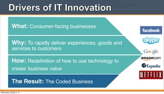 Drivers of IT Innovation
The Result: The Coded Business
How: Redeﬁnition of how to use technology to
create business value
Why: To rapidly deliver experiences, goods and
services to customers
What: Consumer-facing businesses
Wednesday, October 2, 13
 