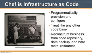 Chef is Infrastructure as Code
• Programmatically
provision and
configure
• Treat like any other
code base
• Reconstruct business
from code repository,
data backup, and bare
metal resources.http://www.ﬂickr.com/photos/louisb/4555295187/
Wednesday, October 2, 13
 