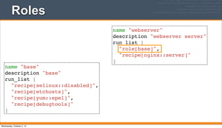 Roles
name "base"
description "base"
run_list [
"recipe[selinux::disabled]",
"recipe[etchosts]",
"recipe[yum::epel]",
"recipe[debugtools]"
]
name "webserver"
description "webserver server"
run_list [
"role[base]",
"recipe[nginx::server]"
]
Wednesday, October 2, 13
 