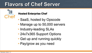 Flavors of Chef Server
• SaaS, hosted by Opscode
• Manage up to 50,000 servers
• Industry-leading SLAs
• 24x7x365 Support Options
• Get up and running quickly
• Pay/grow as you need
Hosted Enterprise Chef
Wednesday, October 2, 13
 