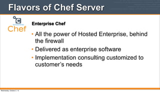 Flavors of Chef Server
• All the power of Hosted Enterprise, behind
the firewall
• Delivered as enterprise software
• Implementation consulting customized to
customer’s needs
Enterprise Chef
Wednesday, October 2, 13
 