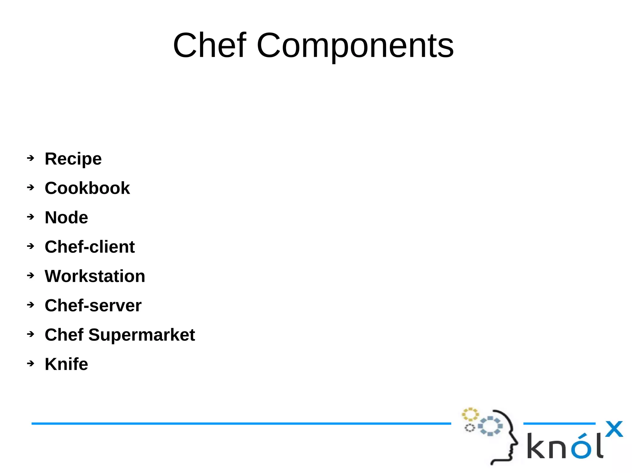 Chef Components
➔ Recipe
➔ Cookbook
➔ Node
➔ Chef-client
➔ Workstation
➔ Chef-server
➔ Chef Supermarket
➔ Knife
 