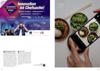 5BEWERTUNGSMANAGEMENT
UND -MARKETING = KANN
Bewertungen sind in der Gastronomie
nach Angebot und Location das mass­
geblichste Entscheidungskriterium für
Gäste. Sorgen Sie dafür, dass Sie vie­
le Bewertungen bekommen, indem Sie
Ihre Gäste zum Bewerten auffordern.
Beweisen Sie Offenheit und Kritikfä­
higkeit, indem Sie Bewertungen kom­
mentieren. Nutzen Sie Bewertungen
aktiv für Ihre Produktentwicklung, die
Mitarbeitermotivation und Ihr Mar­
keting, indem Sie das Gäste-Feedback
z. B. auf Ihrer Webseite anzeigen.
6APPS = KANN
Je nach Grösse und Ausrichtung Ih­
res Betriebs können Smartphone-Apps
eine sinnvolle Möglichkeit sein, z. B.
die Bestellung und Bezahlung schneller
abzuwickeln und damit Personalzeit zu
sparen. Oder Sie können Gäste schnel­
ler bedienen, sodass die Plätze schnel­
ler wieder frei werden. Hier gibt es eine
Vielzahl an möglichen Apps, mit denen
Sie Ihr Angebot kommunizieren und
verkaufen können, z. B. MENU, ORDA,
Gastronovi etc.
Wenn schon schön
gekocht wird, darf
man das seiner
Community auch
zeigen.
HANDY RAUS, KAMERA DRAUF
UND ONLINE LESEN.
1.4 TAT-SACHE TECHNOLOGY40
WEEK
INNOVATION
BUSINESS
Management GmbH
 