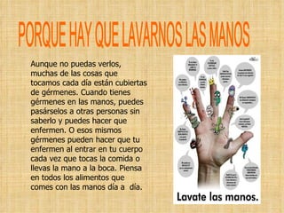 PORQUE HAY QUE LAVARNOS LAS MANOS Aunque no puedas verlos, muchas de las cosas que tocamos cada día están cubiertas de gérmenes. Cuando tienes gérmenes en las manos, puedes pasárselos a otras personas sin saberlo y puedes hacer que enfermen. O esos mismos gérmenes pueden hacer que tu enfermen al entrar en tu cuerpo cada vez que tocas la comida o llevas la mano a la boca. Piensa en todos los alimentos que comes con las manos día a  día.  