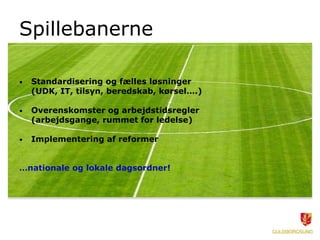 Spillebanerne

•   Standardisering og fælles løsninger
    (UDK, IT, tilsyn, beredskab, kørsel….)

•   Overenskomster og arbejdstidsregler
    (arbejdsgange, rummet for ledelse)

•   Implementering af reformer


…nationale og lokale dagsordner!
 