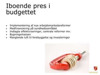 Iboende pres i
budgettet
• Implementering af nye arbejdsmarkedsreformer
• Medfinansiering på sundhedsområdet
• Indlagte effektiviseringer, centrale reformer mv.
• Bygningsmassen
• Manglende luft til forebyggelse og investeringer
 