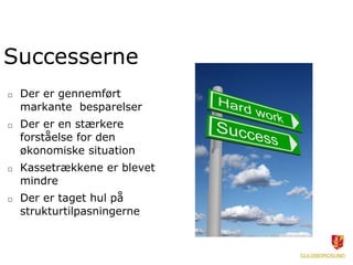Successerne
□ Der er gennemført
markante besparelser
□ Der er en stærkere
forståelse for den
økonomiske situation
□ Kassetrækkene er blevet
mindre
□ Der er taget hul på
strukturtilpasningerne
 
