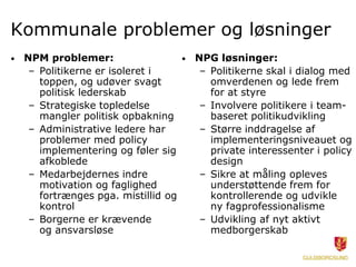 Kommunale problemer og løsninger
• NPM problemer:
– Politikerne er isoleret i
toppen, og udøver svagt
politisk lederskab
– Strategiske topledelse
mangler politisk opbakning
– Administrative ledere har
problemer med policy
implementering og føler sig
afkoblede
– Medarbejdernes indre
motivation og faglighed
fortrænges pga. mistillid og
kontrol
– Borgerne er krævende
og ansvarsløse
• NPG løsninger:
– Politikerne skal i dialog med
omverdenen og lede frem
for at styre
– Involvere politikere i team-
baseret politikudvikling
– Større inddragelse af
implementeringsniveauet og
private interessenter i policy
design
– Sikre at måling opleves
understøttende frem for
kontrollerende og udvikle
ny fagprofessionalisme
– Udvikling af nyt aktivt
medborgerskab
 