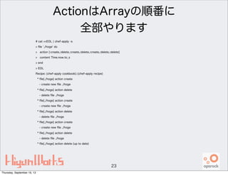 ActionはArrayの順番に
全部やります
# cat <<EOL ¦ chef-apply -s
> ﬁle './hoge' do
> action [:create,:delete,:create,:delete,:create,:delete,:delete]
> content Time.now.to_s
> end
> EOL
Recipe: (chef-apply cookbook)::(chef-apply recipe)
* ﬁle[./hoge] action create
- create new ﬁle ./hoge
* ﬁle[./hoge] action delete
- delete ﬁle ./hoge
* ﬁle[./hoge] action create
- create new ﬁle ./hoge
* ﬁle[./hoge] action delete
- delete ﬁle ./hoge
* ﬁle[./hoge] action create
- create new ﬁle ./hoge
* ﬁle[./hoge] action delete
- delete ﬁle ./hoge
* ﬁle[./hoge] action delete (up to date)
23
Thursday, September 19, 13
 