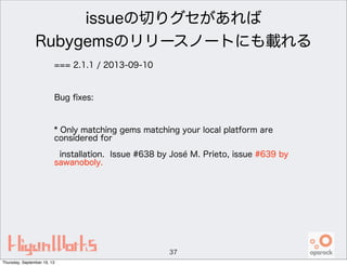 issueの切りグセがあれば
Rubygemsのリリースノートにも載れる
=== 2.1.1 / 2013-09-10
Bug ﬁxes:
* Only matching gems matching your local platform are
considered for
installation. Issue #638 by José M. Prieto, issue #639 by
sawanoboly.
37
Thursday, September 19, 13
 