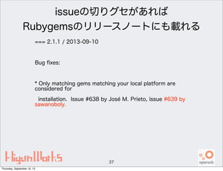 issueの切りグセがあれば
Rubygemsのリリースノートにも載れる
=== 2.1.1 / 2013-09-10
Bug ﬁxes:
* Only matching gems matching your local platform ar...