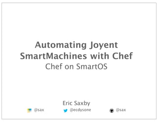 Proprietary and
Conﬁdential
Automating Joyent
SmartMachines with Chef
Chef on SmartOS
Eric Saxby
@sax @ecdysone @sax
 