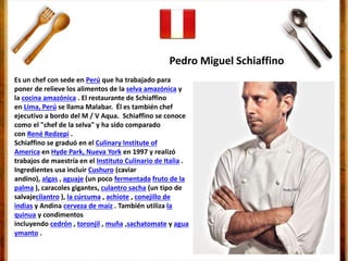 Es un chef con sede en Perú que ha trabajado para
poner de relieve los alimentos de la selva amazónica y
la cocina amazónica . El restaurante de Schiaffino
en Lima, Perú se llama Malabar. Él es también chef
ejecutivo a bordo del M / V Aqua. Schiaffino se conoce
como el "chef de la selva" y ha sido comparado
con René Redzepi .
Schiaffino se graduó en el Culinary Institute of
America en Hyde Park, Nueva York en 1997 y realizó
trabajos de maestría en el Instituto Culinario de Italia .
Ingredientes usa incluir Cushuro (caviar
andino), algas , aguaje (un poco fermentada fruto de la
palma ), caracoles gigantes, culantro sacha (un tipo de
salvajecilantro ), la cúrcuma , achiote , conejillo de
indias y Andina cerveza de maíz . También utiliza la
quinua y condimentos
incluyendo cedrón , toronjil , muña ,sachatomate y agua
ymanto .
Pedro Miguel Schiaffino
 