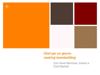 +
Chef per un giorno
cooking teambuilding
Con Irene Morrione, trainer e
Chef Bartolo
 