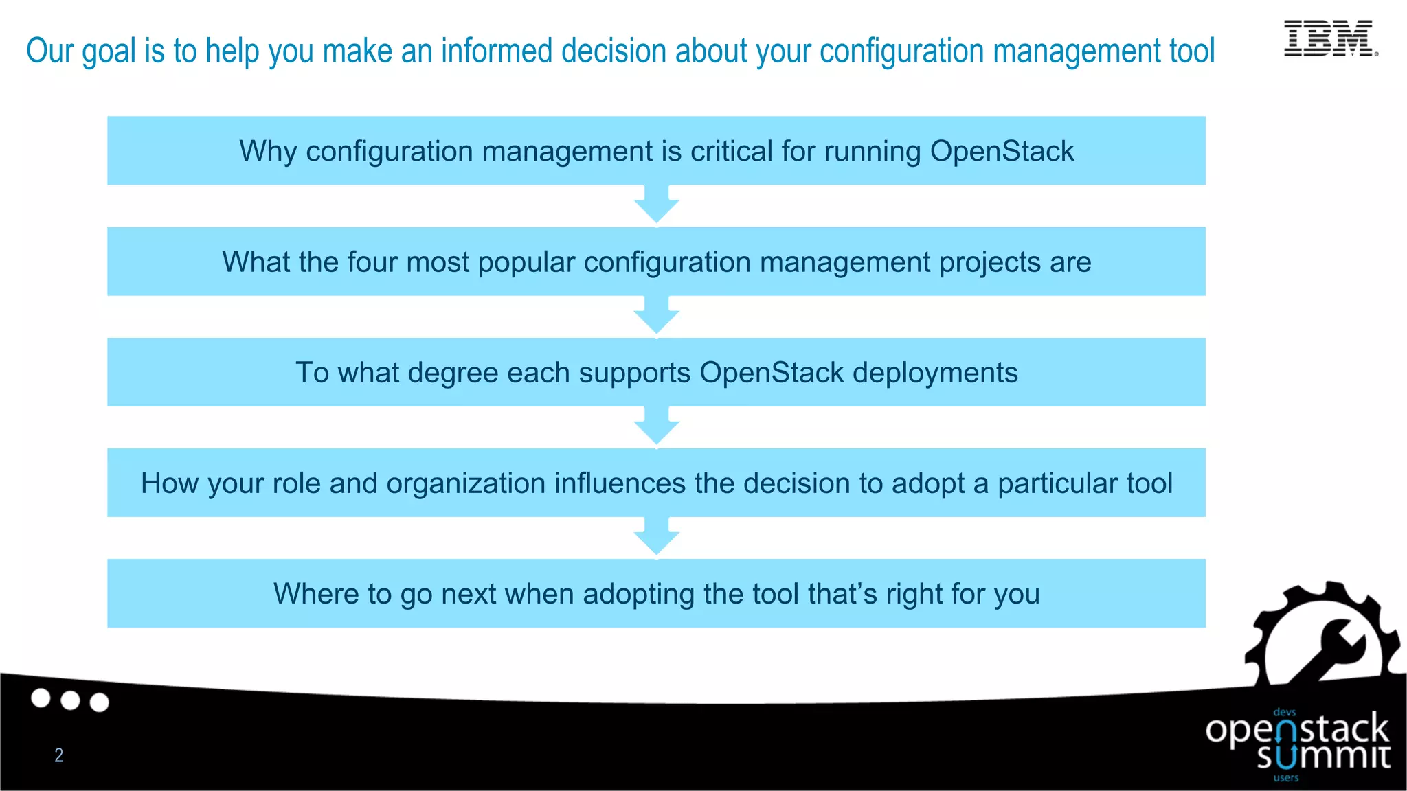Our goal is to help you make an informed decision about your configuration management tool
Where to go next when adopting the tool that’s right for you
How your role and organization influences the decision to adopt a particular tool
To what degree each supports OpenStack deployments
What the four most popular configuration management projects are
Why configuration management is critical for running OpenStack
2
 