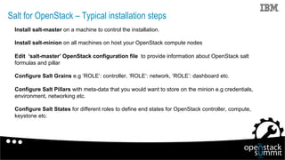 Salt for OpenStack – Typical installation steps
Install salt-master on a machine to control the installation.
Install salt...