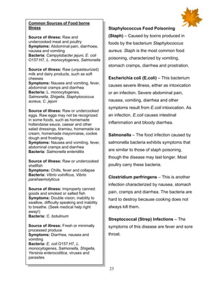 23
Staphylococcus Food Poisoning
(Staph) – Caused by toxins produced in
foods by the bacterium Staphylococcus
aureus. Staph is the most common food
poisoning, characterized by vomiting,
stomach cramps, diarrhea and prostration.
Escherichia coli (E.coli) – This bacterium
causes severe illness, either as intoxication
or an infection. Severe abdominal pain,
nausea, vomiting, diarrhea and other
symptoms result from E.coli intoxication. As
an infection, E.coli causes intestinal
inflammation and bloody diarrhea.
Salmonella – The food infection caused by
salmonella bacteria exhibits symptoms that
are similar to those of staph poisoning,
though the disease may last longer. Most
poultry carry these bacteria.
Clostridium perfringens – This is another
infection characterized by nausea, stomach
pain, cramps and diarrhea. The bacteria are
hard to destroy because cooking does not
always kill them.
Streptococcal (Strep) Infections – The
symptoms of this disease are fever and sore
throat.
Common Sources of Food borne
Illness
Source of illness: Raw and
undercooked meat and poultry
Symptoms: Abdominal pain, diarrhoea,
nausea and vomiting
Bacteria: Campylobacter jejuni, E. coli
O157:H7, L. monocytogenes, Salmonella
Source of illness: Raw (unpasteurized)
milk and dairy products, such as soft
cheeses
Symptoms: Nausea and vomiting, fever,
abdominal cramps and diarrhea
Bacteria: L. monocytogenes,
Salmonella, Shigella, Staphylococcus
aureus, C. jejuni
Source of illness: Raw or undercooked
eggs. Raw eggs may not be recognized
in some foods, such as homemade
hollandaise sauce, caesar and other
salad dressings, tiramisu, homemade ice
cream, homemade mayonnaise, cookie
dough and frostings.
Symptoms: Nausea and vomiting, fever,
abdominal cramps and diarrhea
Bacteria: Salmonella enteriditis
Source of illness: Raw or undercooked
shellfish
Symptoms: Chills, fever and collapse
Bacteria: Vibrio vulnificus, Vibrio
parahaemolyticus
Source of illness: Improperly canned
goods and smoked or salted fish
Symptoms: Double vision, inability to
swallow, difficulty speaking and inability
to breathe. (Seek medical help right
away!)
Bacteria: C. botulinum
Source of illness: Fresh or minimally
processed produce
Symptoms: Diarrhea, nausea and
vomiting
Bacteria: E. coli O157:H7, L.
monocytogenes, Salmonella, Shigella,
Yersinia enterocolitica, viruses and
parasites
 