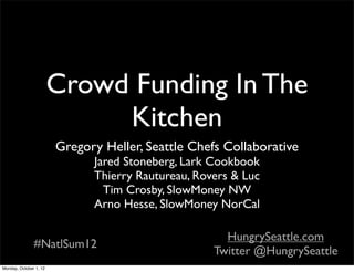 Crowd Funding In The
                             Kitchen
                        Gregory Heller, Seattle Chefs Collaborative
                              Jared Stoneberg, Lark Cookbook
                              Thierry Rautureau, Rovers & Luc
                                Tim Crosby, SlowMoney NW
                              Arno Hesse, SlowMoney NorCal

                                                      HungrySeattle.com
               #NatlSum12
                                                    Twitter @HungrySeattle
Monday, October 1, 12
 