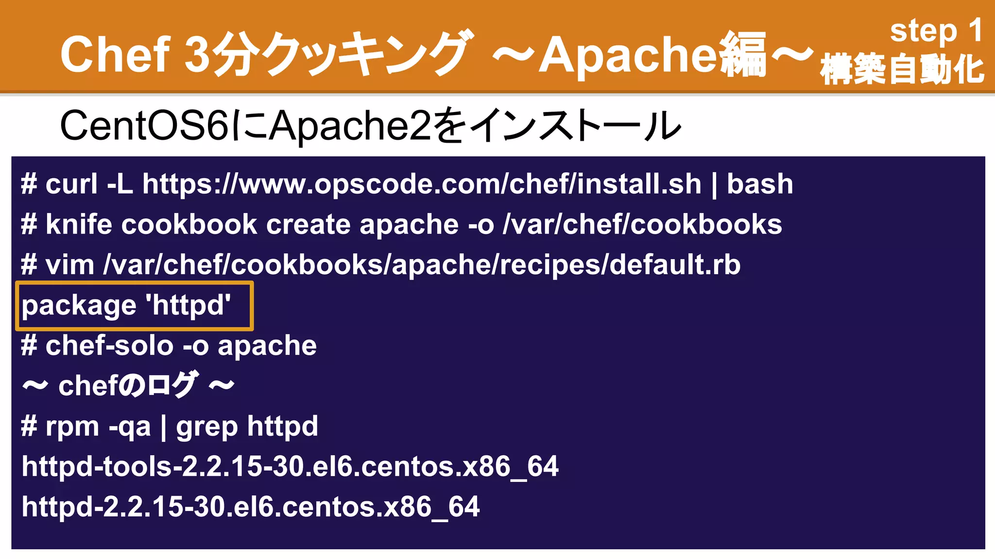 Chef 3分クッキング ～Apache編～
CentOS6にApache2をインストール
# curl -L https://www.opscode.com/chef/install.sh | bash
# knife cookbook create apache -o /var/chef/cookbooks
# vim /var/chef/cookbooks/apache/recipes/default.rb
package 'httpd'
# chef-solo -o apache
〜 chefのログ 〜
# rpm -qa | grep httpd
httpd-tools-2.2.15-30.el6.centos.x86_64
httpd-2.2.15-30.el6.centos.x86_64
step 1
構築自動化
 