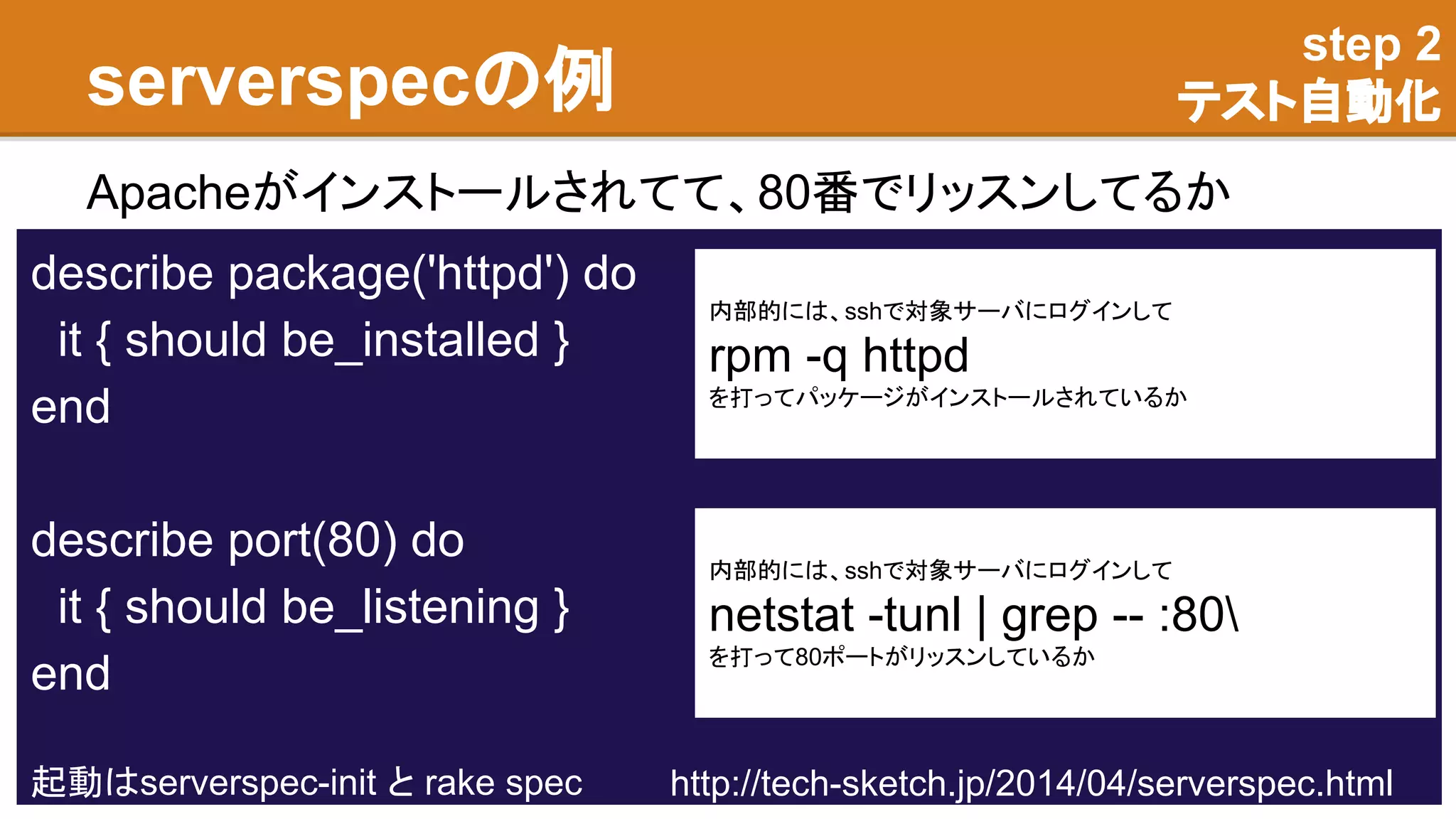 serverspecの例
Apacheがインストールされてて、80番でリッスンしてるか
describe package('httpd') do
it { should be_installed }
end
describe port(80) do
it { should be_listening }
end
起動はserverspec-init と rake spec
内部的には、sshで対象サーバにログインして
rpm -q httpd
を打ってパッケージがインストールされているか
内部的には、sshで対象サーバにログインして
netstat -tunl | grep -- :80
を打って80ポートがリッスンしているか
step 2
テスト自動化
http://tech-sketch.jp/2014/04/serverspec.html
 